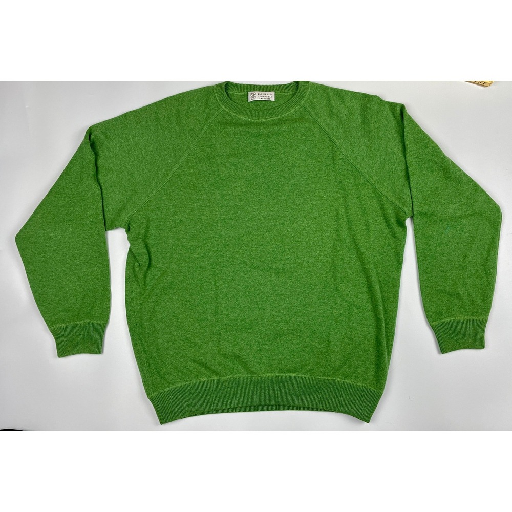 Brunello Cucinelli Cashmere Sweater Green Raglan Crew Neck Mens 54 IT XL